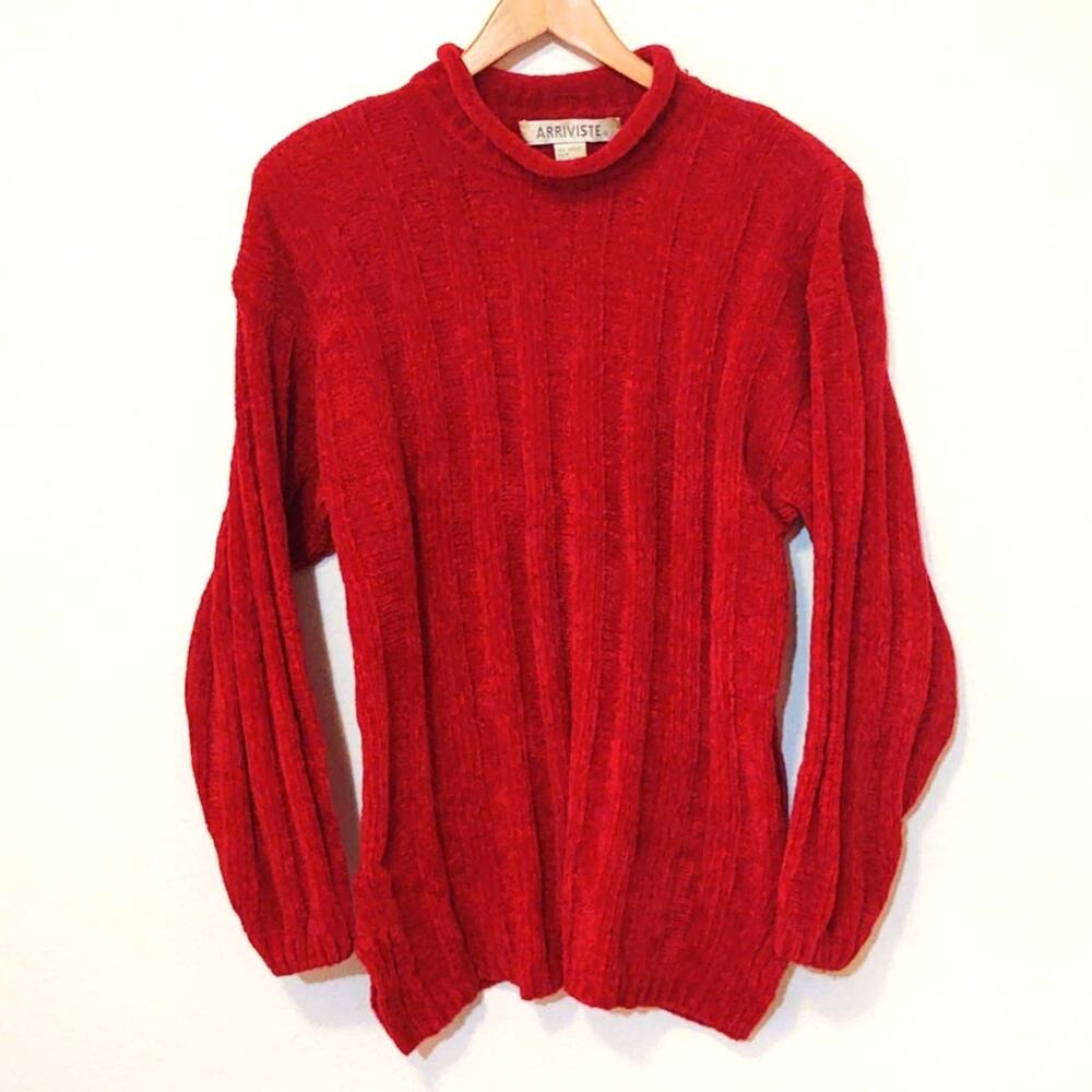 Vintage Arriviste red mock neck 90s soft chenille sweater with shoulder pads